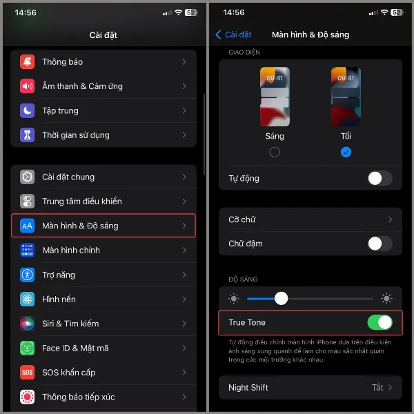 Hình ảnh màn hình cài đặt iPhone, hiển thị các bước để bật tính năng True Tone.