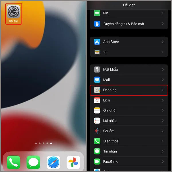 Hình ảnh minh họa bước 1: Mở ứng dụng Cài đặt và chọn mục Danh bạ