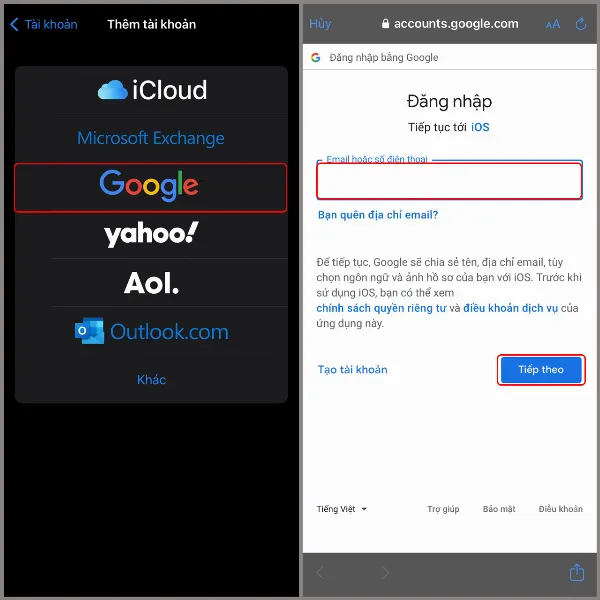 Hình ảnh minh họa bước 3: Chọn Google và nhập địa chỉ Email