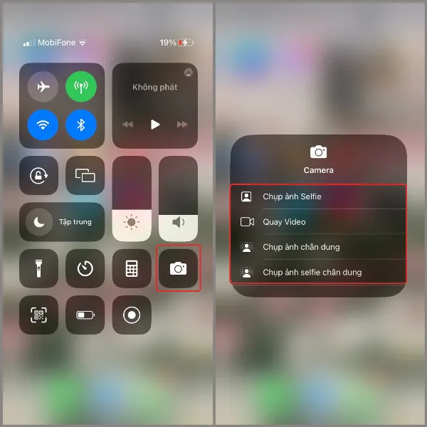 Hình ảnh minh họa cách nhấn giữ biểu tượng Camera trong Trung tâm điều khiển để truy cập các tùy chọn chụp ảnh nhanh.