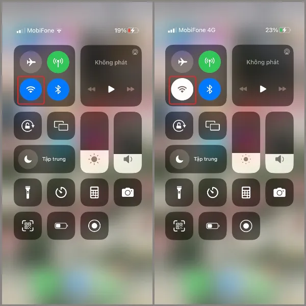 Hình ảnh minh họa cách nhấn vào biểu tượng Wi-Fi trong Trung tâm điều khiển để tạm thời ngắt kết nối mạng.