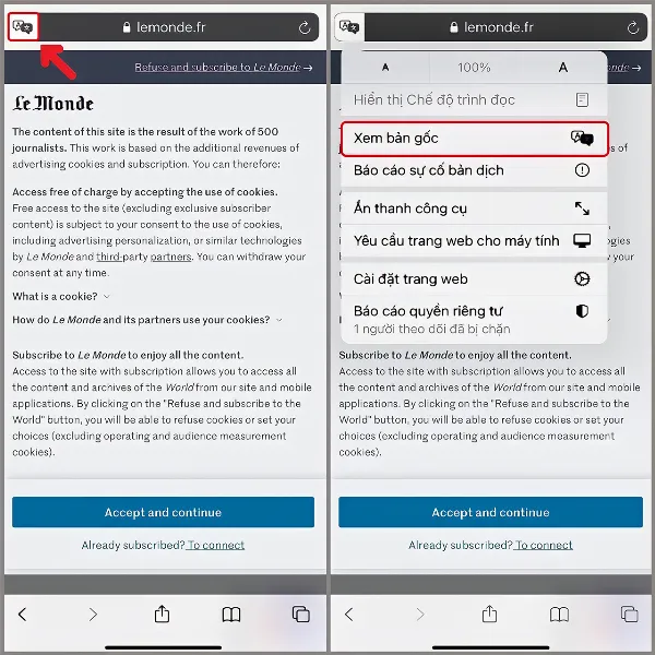 Hình ảnh minh họa cách xem bản gốc của trang web đã dịch trên iPhone