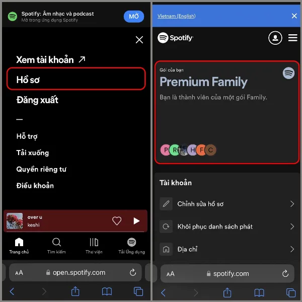 Hình ảnh minh họa giao diện quản lý gói dịch vụ trên trang web Spotify, người dùng cần chọn mục Gói của bạn