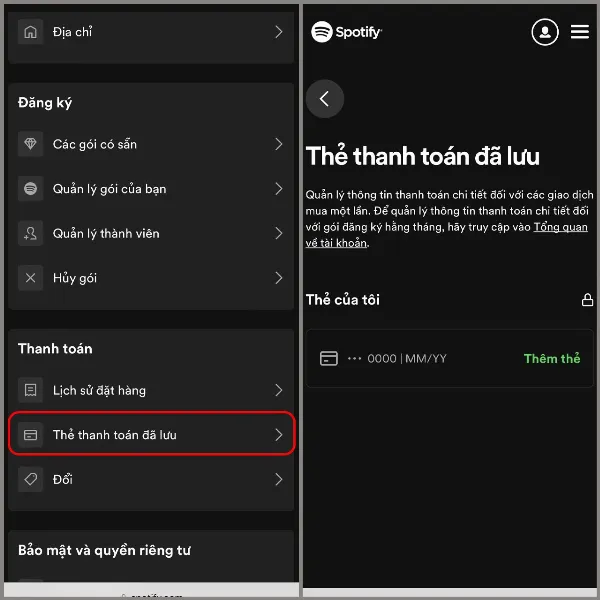 Hình ảnh minh họa giao diện quản lý thanh toán trên Spotify, người dùng có thể thêm hoặc thay đổi thẻ thanh toán đã lưu