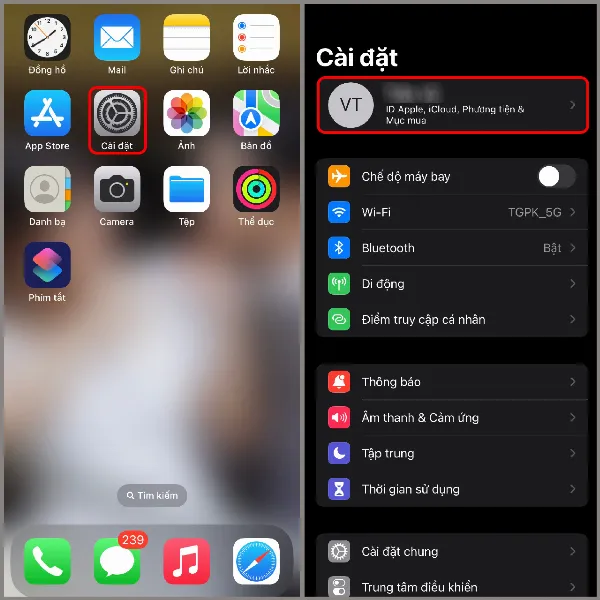 Hình ảnh minh họa người dùng điện thoại iPhone mở ứng dụng Cài đặt và chọn ID Apple