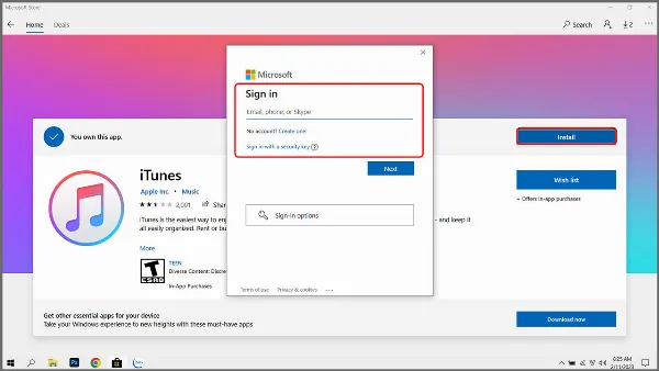 Hình ảnh minh họa thao tác cài đặt iTunes từ Microsoft Store
