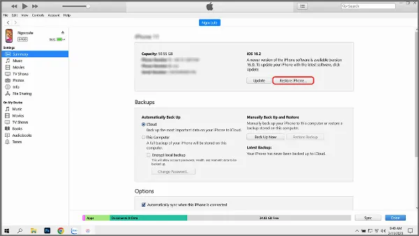 Hình ảnh minh họa thao tác chọn Restore iPhone trong iTunes