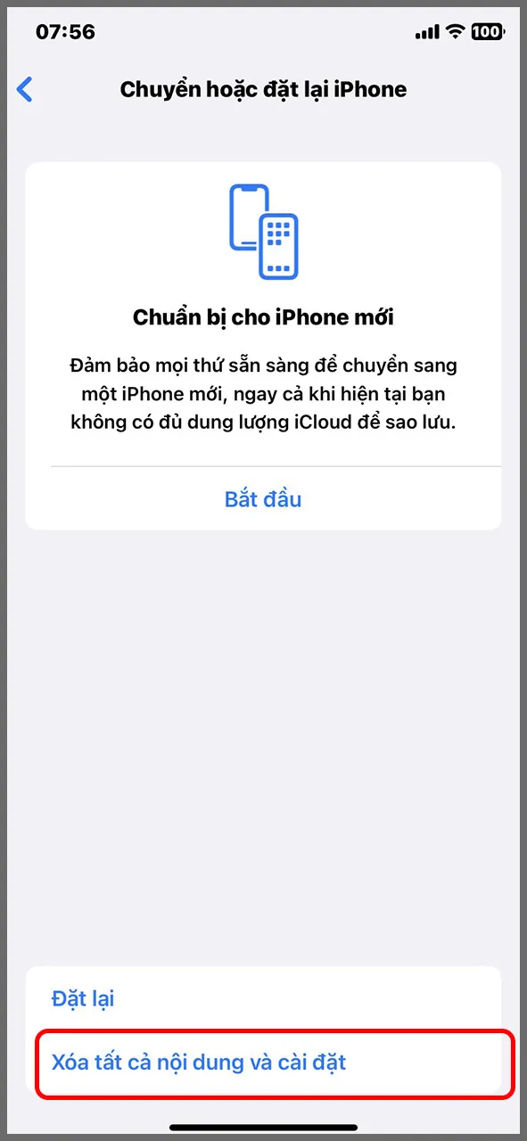 Hình ảnh minh họa thao tác chọn Xóa tất cả nội dung và cài đặt trên iPhone