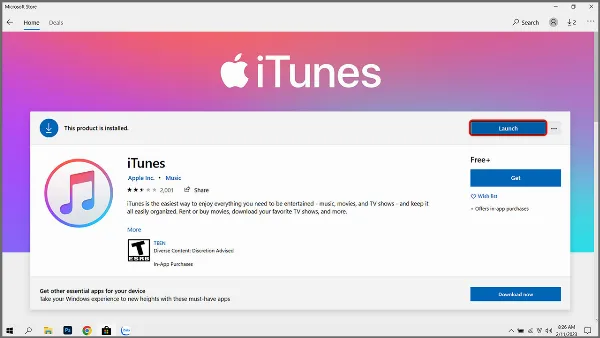 Hình ảnh minh họa thao tác khởi động iTunes sau khi cài đặt