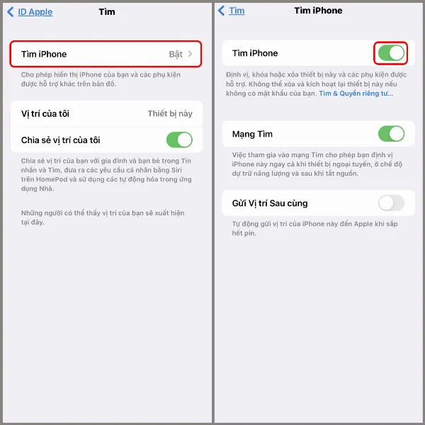 Hình ảnh minh họa thao tác tắt tính năng Tìm iPhone