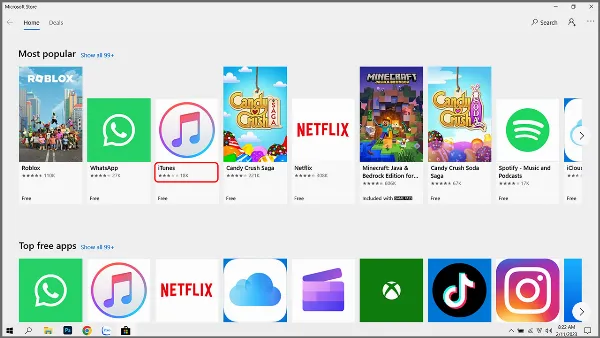 Hình ảnh minh họa thao tác tìm kiếm iTunes trong Microsoft Store