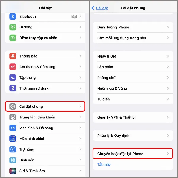Hình ảnh minh họa thao tác vào Cài đặt, chọn Cài đặt chung trên iPhone