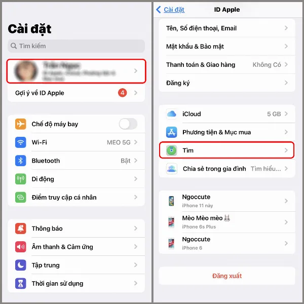 Hình ảnh minh họa thao tác vào Cài đặt, chọn ID Apple, rồi chọn Tìm