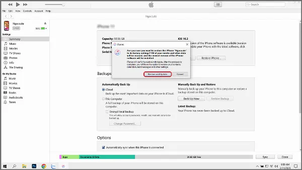 Hình ảnh minh họa thao tác xác nhận Restore and Update