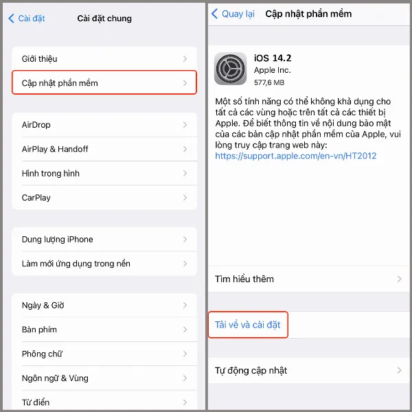 Hình ảnh mô tả các bước chọn Cập nhật phần mềm, tải về và cài đặt iOS 14.2