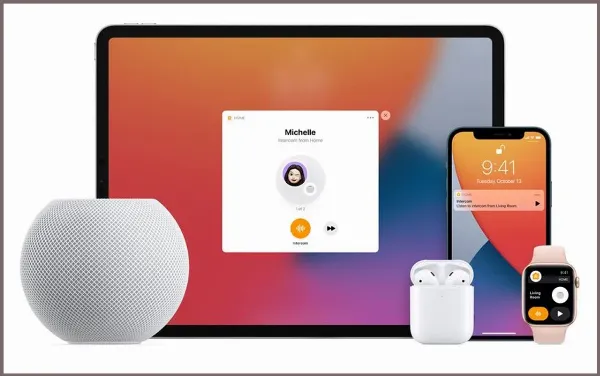 Hình ảnh mô tả các thiết bị Apple được kết nối với nhau qua tính năng Intercom