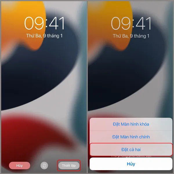 Hình ảnh mô tả các tùy chọn thiết lập hình nền trên iPhone, bao gồm màn hình khóa, màn hình chính và cả hai.