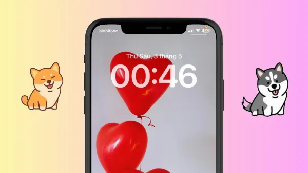 Hình ảnh mô tả một chú chó corgi đang chạy trên Dynamic Island của iPhone, tạo hiệu ứng hình nền động vui nhộn