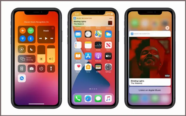 Hình ảnh mô tả tính năng nhận dạng bài hát Shazam được tích hợp trong Trung tâm điều khiển của iOS 14.2