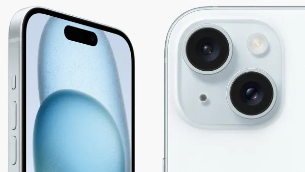 Hình ảnh so sánh hai chiếc iPhone 15 và iPhone 15 Pro với các tùy chọn màu sắc khác nhau