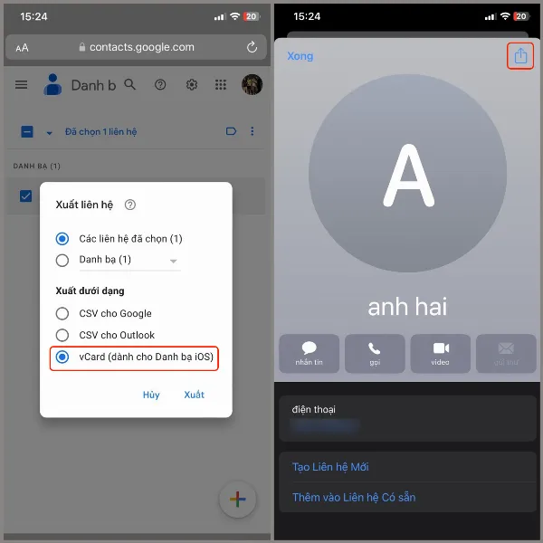 Hộp thoại tùy chọn định dạng xuất danh bạ, lựa chọn vCard cho Danh bạ iOS