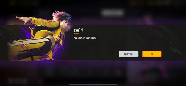 Hộp thoại xác nhận yêu cầu rời quân đoàn trong Free Fire