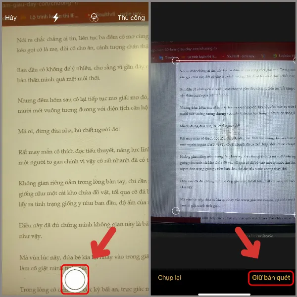 Hướng camera vào tài liệu, chụp ảnh, và nhấn Giữ Bản Quét