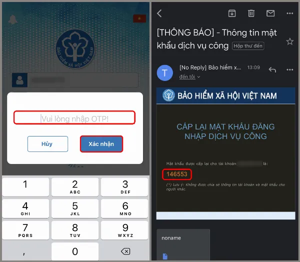 Hướng dẫn nhập mã OTP và thông báo mật khẩu mới sẽ được gửi đến email đã đăng ký
