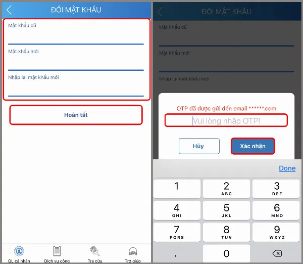 Hướng dẫn nhập thông tin mật khẩu cũ và mới, nhận và nhập mã OTP để hoàn tất đổi mật khẩu VssID