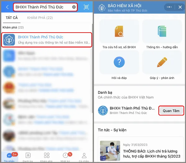 Hướng dẫn tìm kiếm và theo dõi tài khoản Zalo OA của BHXH địa phương