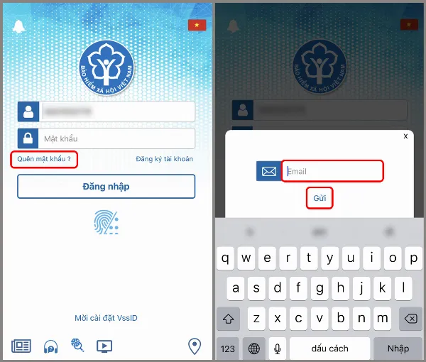 Hướng dẫn truy cập chức năng quên mật khẩu trên ứng dụng VssID và nhập email đã đăng ký