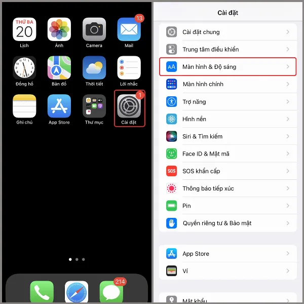 iPhone hiển thị menu cài đặt màn hình và độ sáng