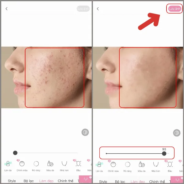 Kéo thanh trượt để làm mịn da và xóa mụn, sau đó lưu ảnh về máy