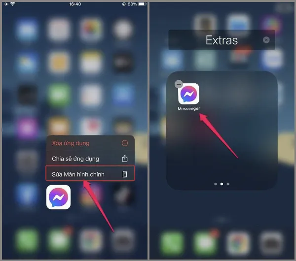 Kéo ứng dụng sang phải để ẩn vào các trang sau của thư mục
