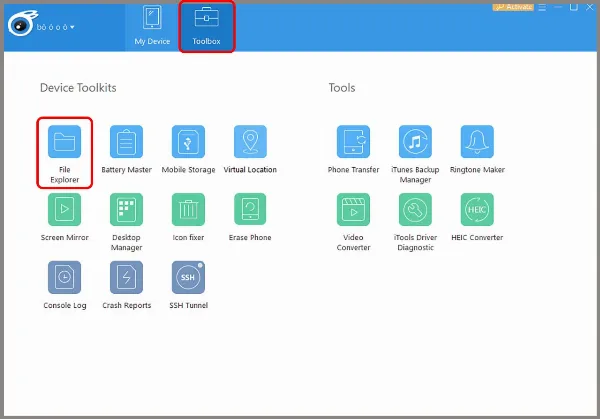 Kết nối iPhone với máy tính qua iTools và chọn File Explorer