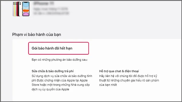 Kết quả kiểm tra hiển thị gói bảo hành đã hết hạn