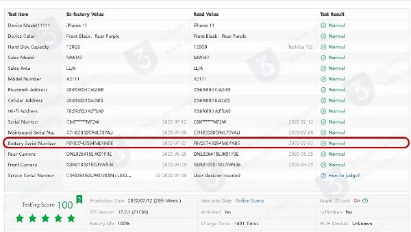Kết quả kiểm tra pin bằng 3uTools