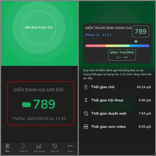 Kết quả kiểm tra pin