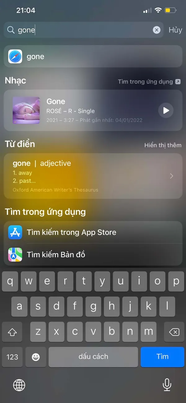 Kết quả tìm kiếm bài hát "Gone" trên Spotlight Search của iPhone