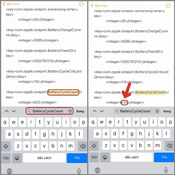 Kết quả tìm kiếm BatteryCycleCount trong Ghi chú, hiển thị số chu kỳ sạc pin