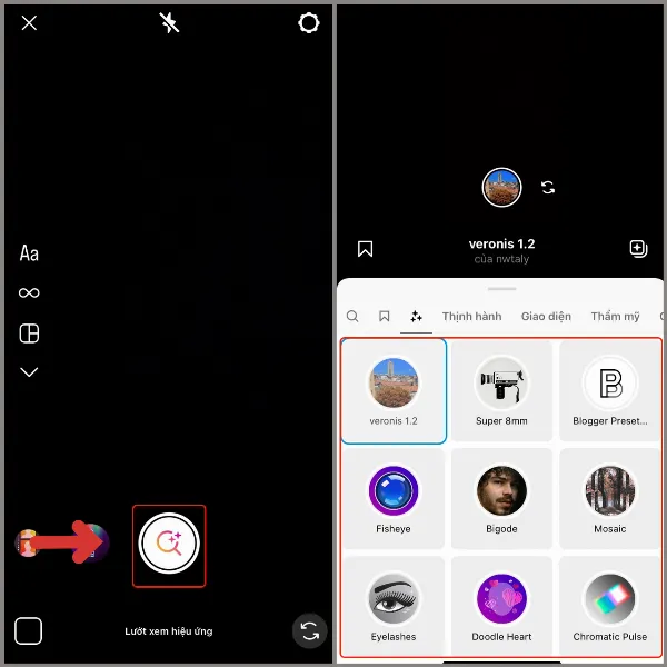 Kho filter Instagram với các danh mục Thịnh hành, Giao diện