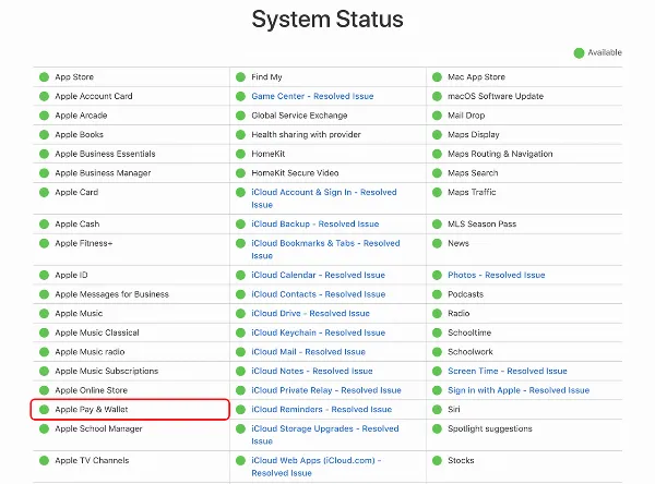 Kiểm tra trạng thái hoạt động của Apple Pay