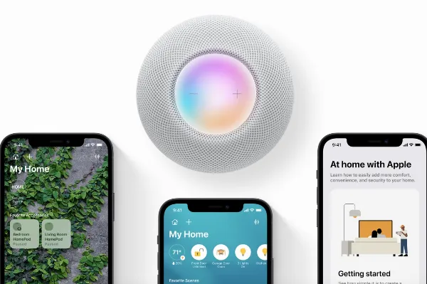 Loa thông minh HomePod màu trắng, biểu tượng của trợ lý ảo Siri và khả năng điều khiển nhà thông minh bằng giọng nói