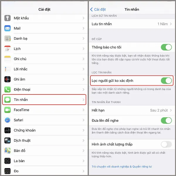 Lọc người gửi tin nhắn không xác định