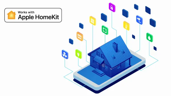 Logo "Works with Apple HomeKit" trên nền trắng, biểu thị khả năng tương thích của thiết bị với nền tảng nhà thông minh của Apple