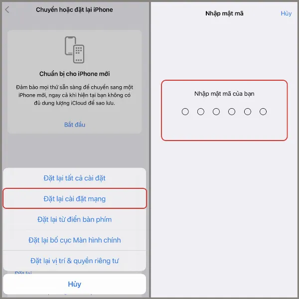 Lựa chọn đặt lại cài đặt mạng trên iPhone