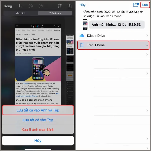 lưu ảnh chụp màn hình vào thư mục trên iphone