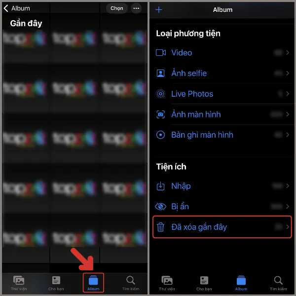 Màn hình Album trong ứng dụng Ảnh, hiển thị thư mục Đã xóa gần đây, nơi chứa các hình ảnh đã bị xóa tạm thời và có thể được khôi phục hoặc xóa vĩnh viễn.