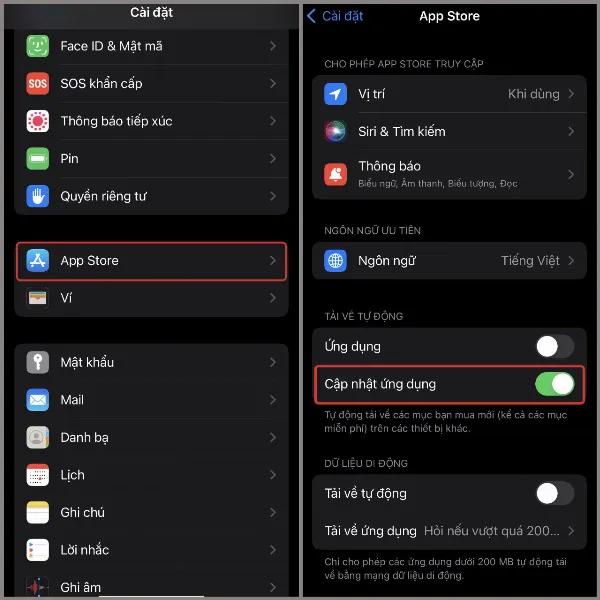 Màn hình cài đặt App Store, hiển thị tùy chọn Cập nhật ứng dụng đang được tắt, giúp ngăn chặn việc tự động cập nhật ứng dụng trong nền, tiết kiệm pin và tài nguyên hệ thống cho iPhone.