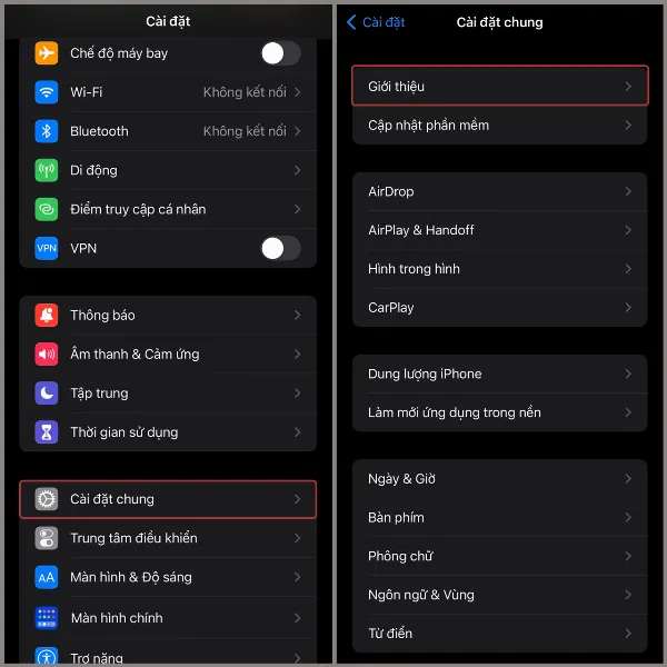 Màn hình Cài đặt chung trên iPhone